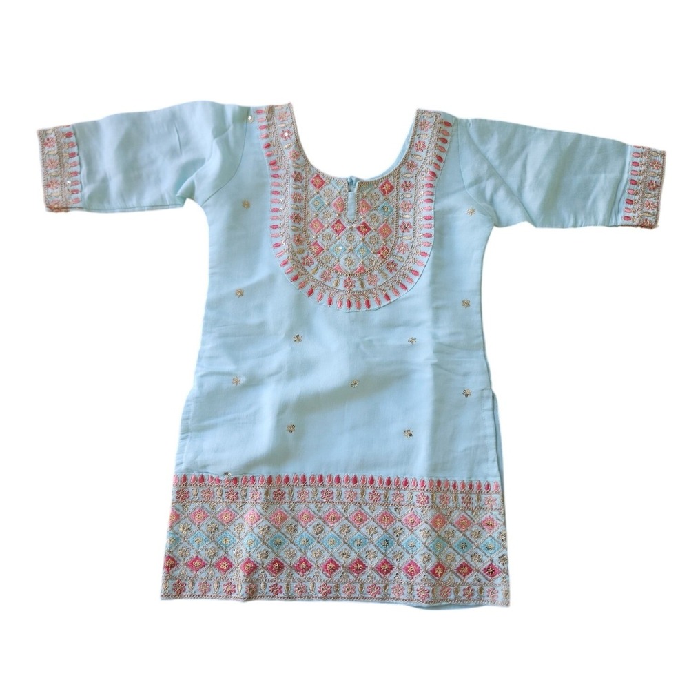 Girl Sky Blue Cotton Sequence Embroidery Kurta, Size 3T, Traditional Dress Tunic